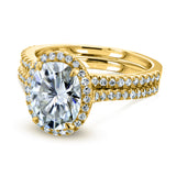 Conjunto de anéis de noiva ovais de moissanite e diamante Halo 2 3/8 CTW ouro amarelo 14k