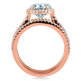 Conjunto de anéis de noiva de 3 peças Kobelli Oval Moissanite e Diamond Halo 2 1/2 CTW ouro rosa 14k