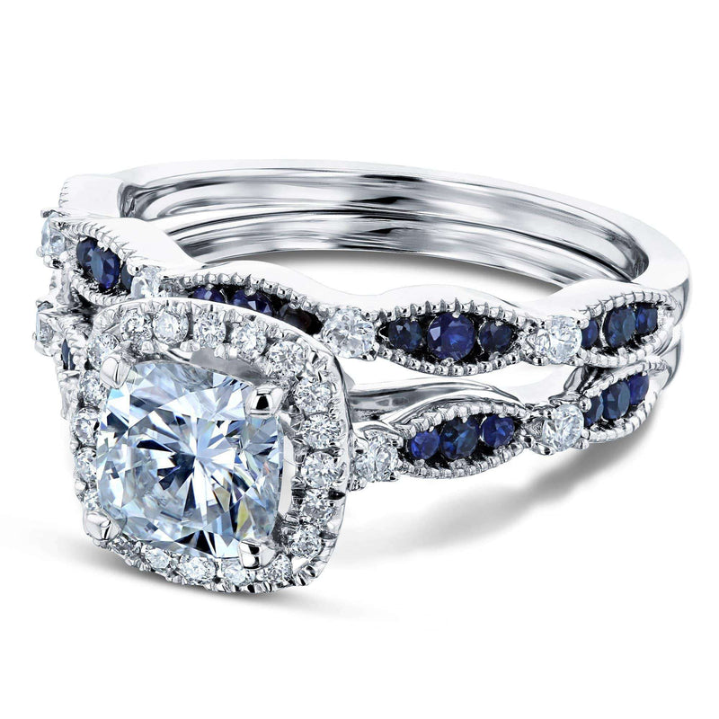 Kobelli Moissanite and Blue Sapphire Halo Bridal Rings Set