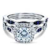 Conjunto de anéis de noiva Kobelli Moissanite e safira azul Halo