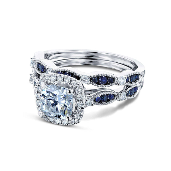 Moissanite and Blue Sapphire Halo Bridal Rings Set