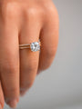 Cushion Petite Bridal Set on a hand - slender bands with a contrasting last center