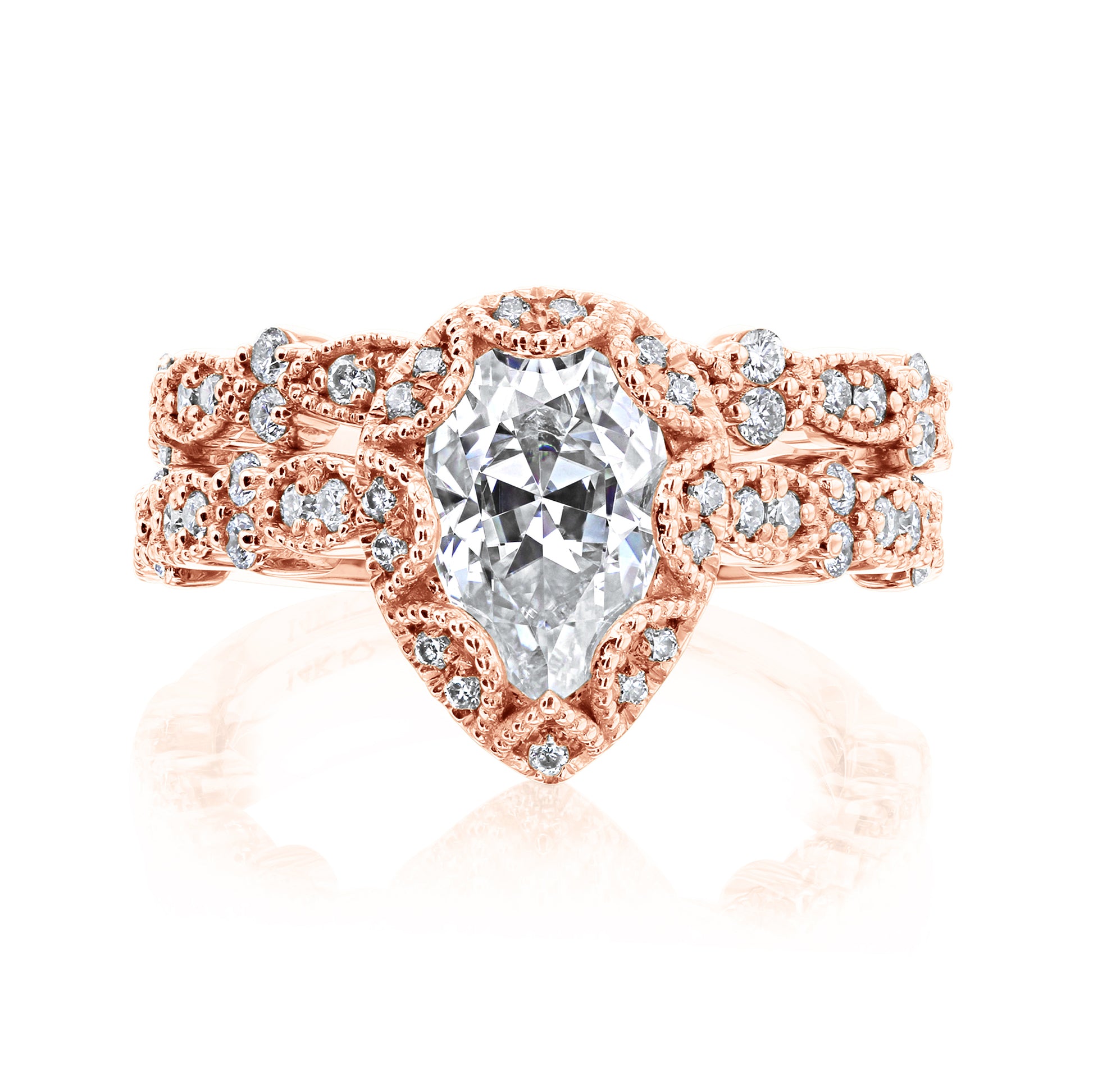 Kobelli Paisely 1.50-Carat Pear Halo Scallop Vintage Bridal Set Gold Rings