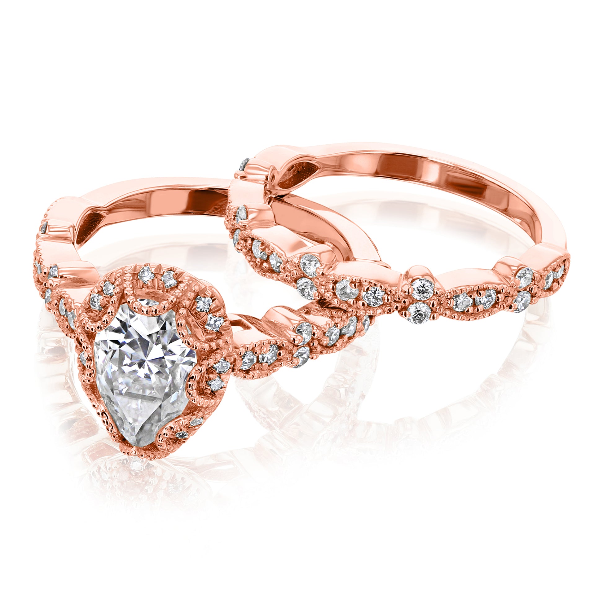 Kobelli Paisely 1.50-Carat Pear Halo Scallop Vintage Bridal Set Gold Rings