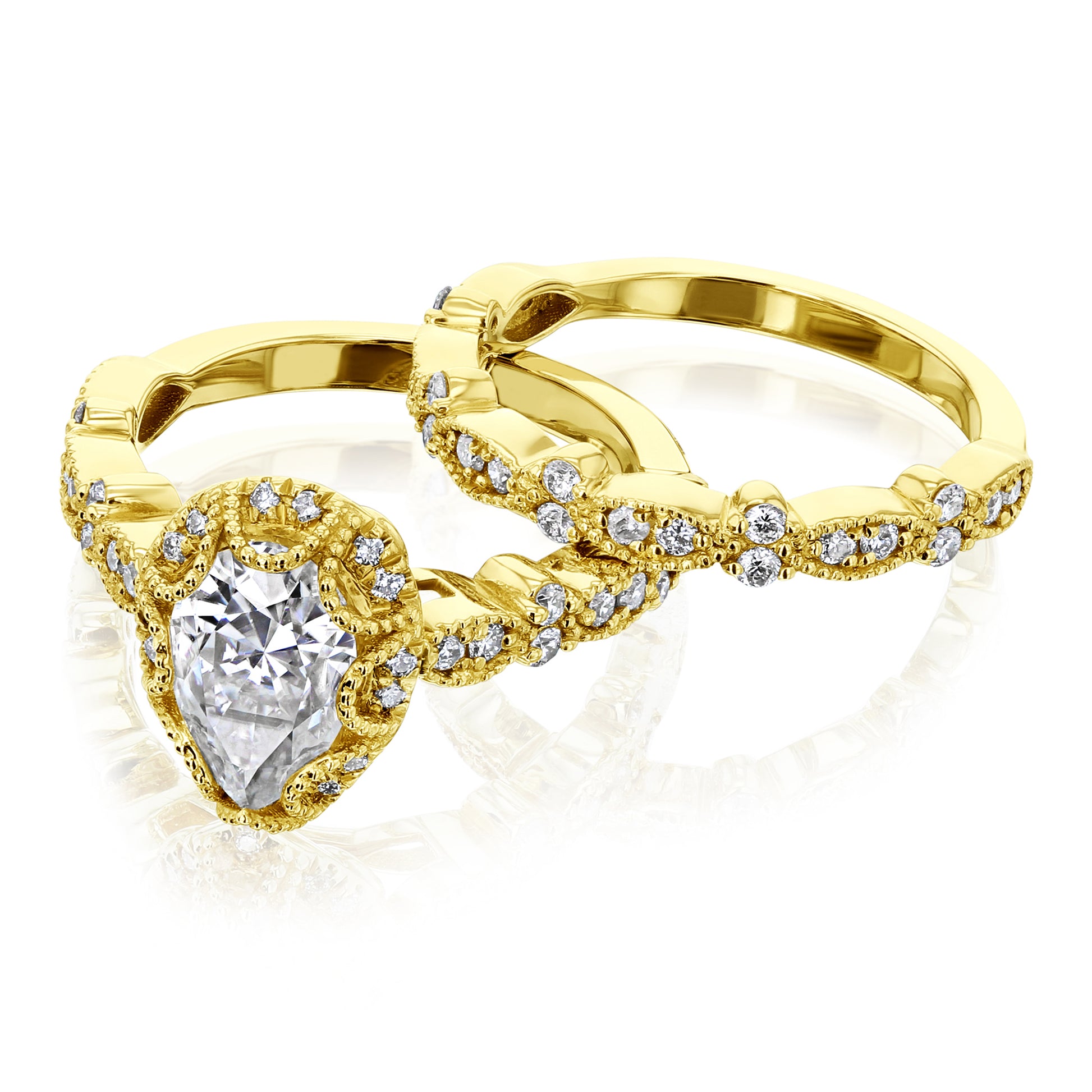 Kobelli Paisely 1.50-Carat Pear Halo Scallop Vintage Bridal Set Gold Rings