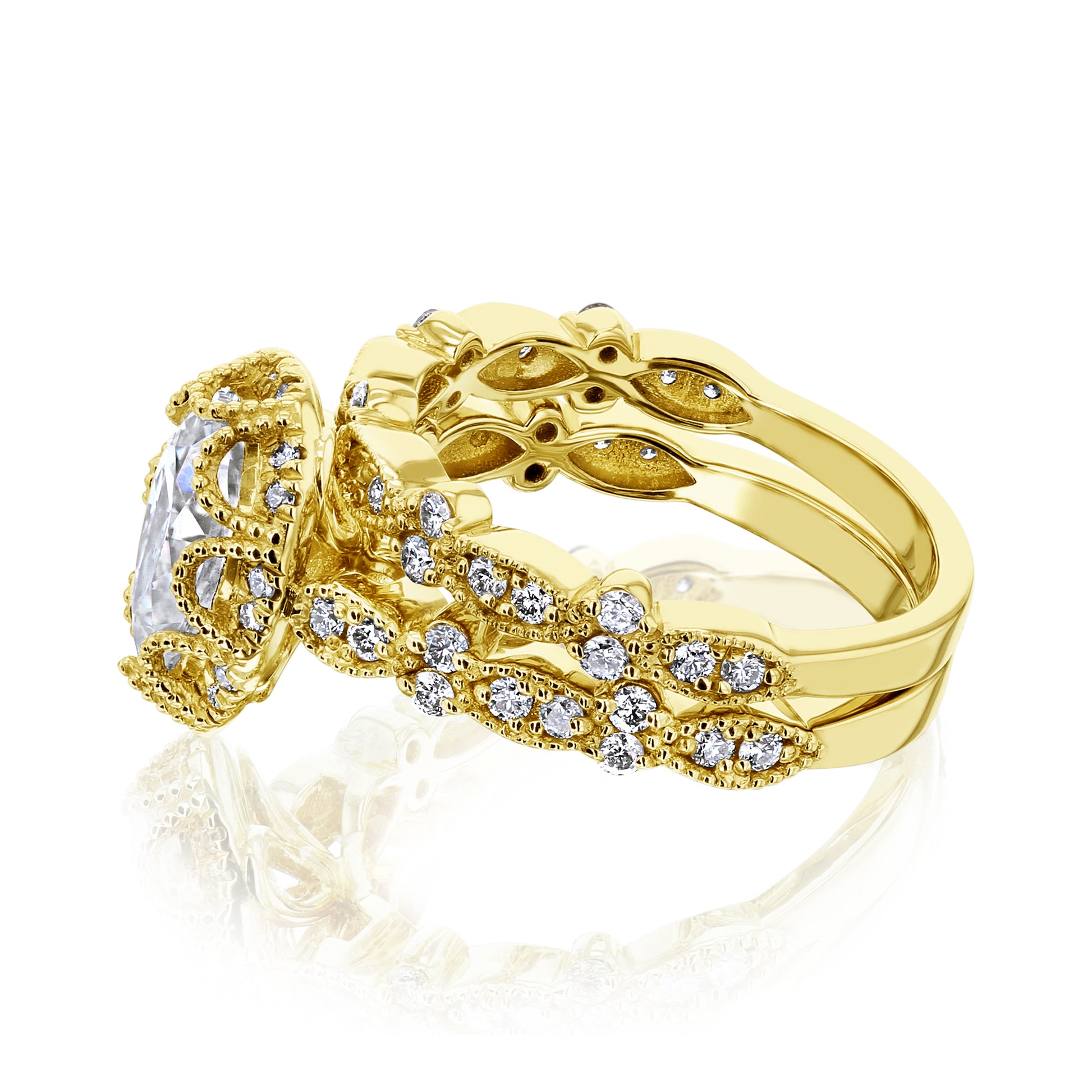 Kobelli Paisely 1.50-Carat Pear Halo Scallop Vintage Bridal Set Gold Rings