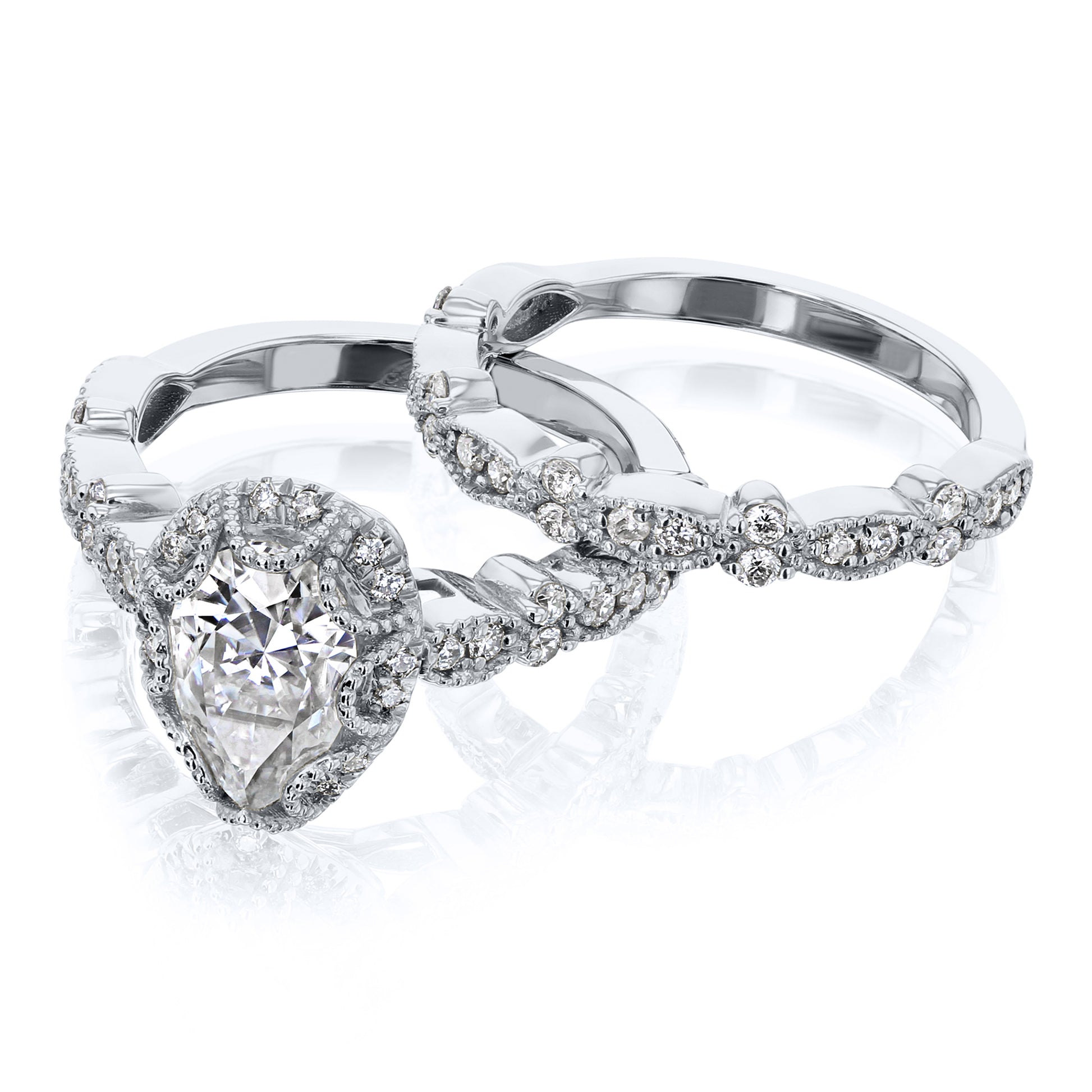 Kobelli Paisely 1.50-Carat Pear Halo Scallop Vintage Bridal Set Gold Rings