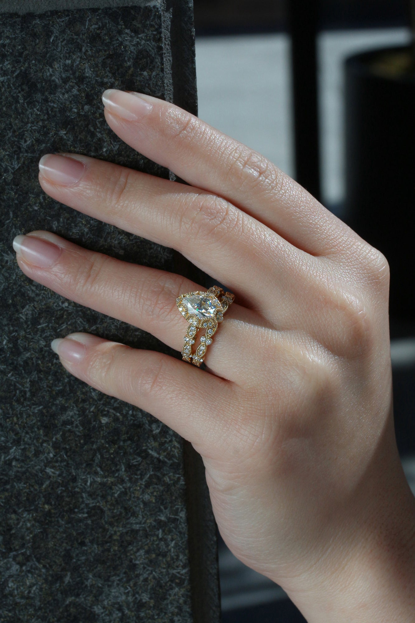 Kobelli Paisely 1.50-Carat Pear Halo Scallop Vintage Bridal Set Gold Rings