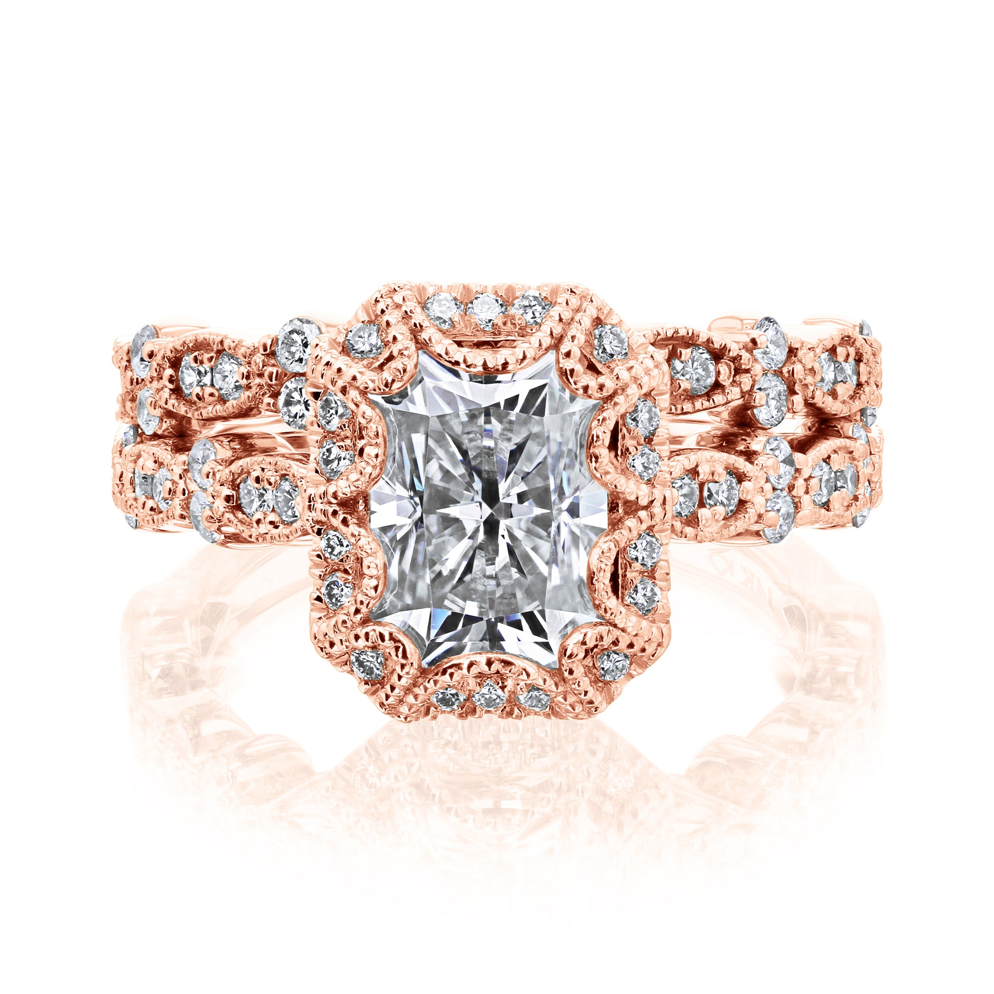 Kobelli Racquel 1.80-Carat Radiant Halo Scallop Vintage Gold Bridal Rings Set