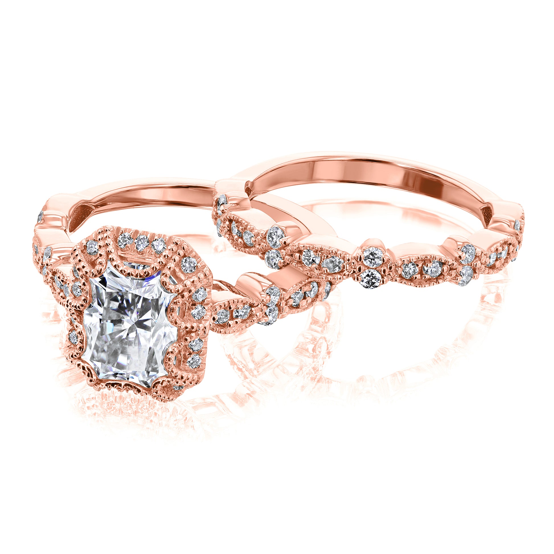 Kobelli Racquel 1.80-Carat Radiant Halo Scallop Vintage Gold Bridal Rings Set