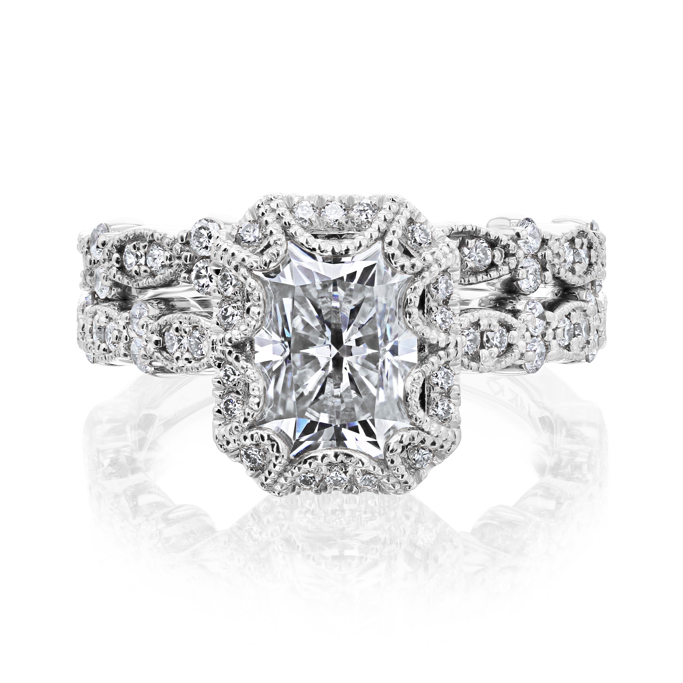 Kobelli Racquel 1.80-Carat Radiant Halo Scallop Vintage Gold Bridal Rings Set