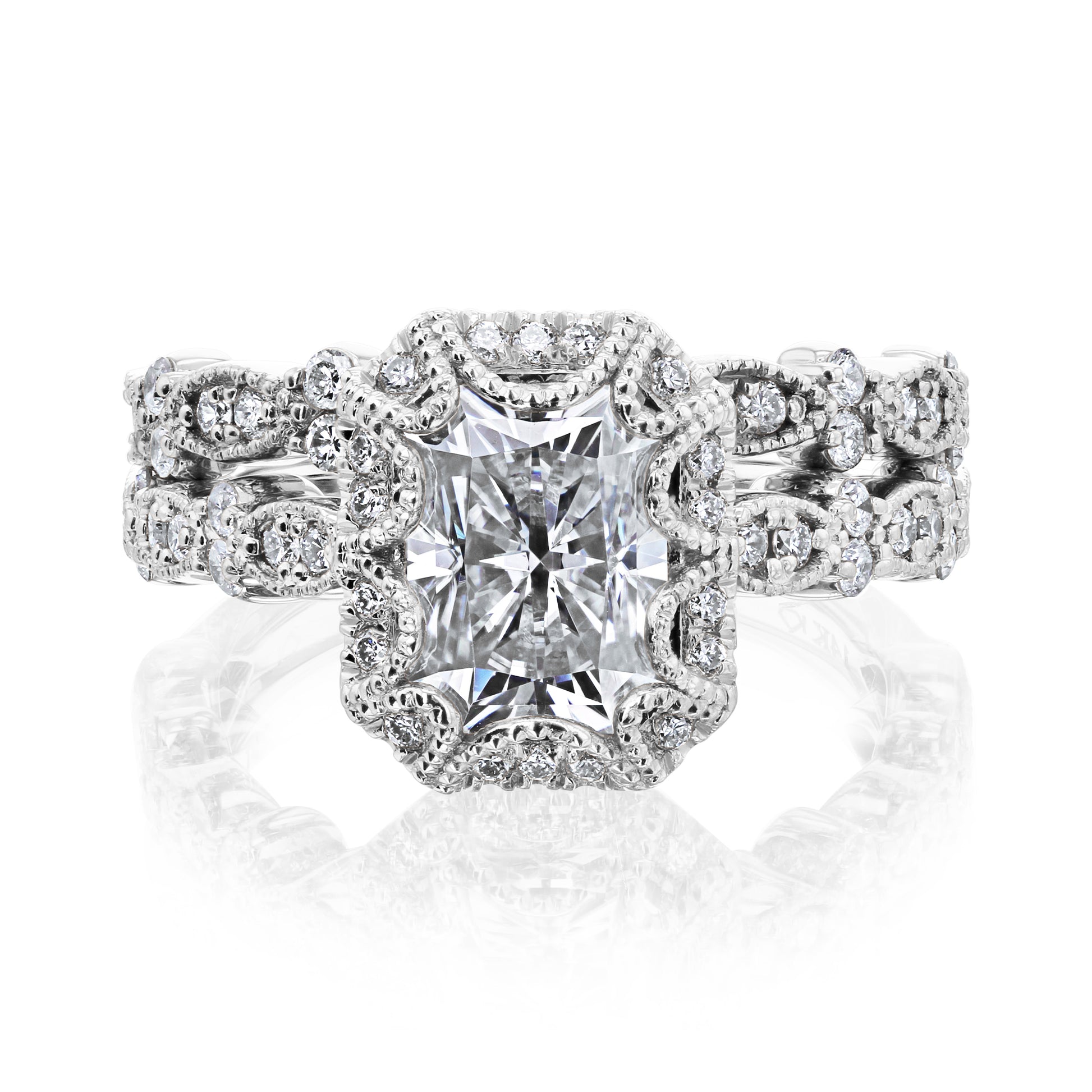 Kobelli Racquel 1.80-Carat Radiant Halo Scallop Vintage Gold Bridal Rings Set