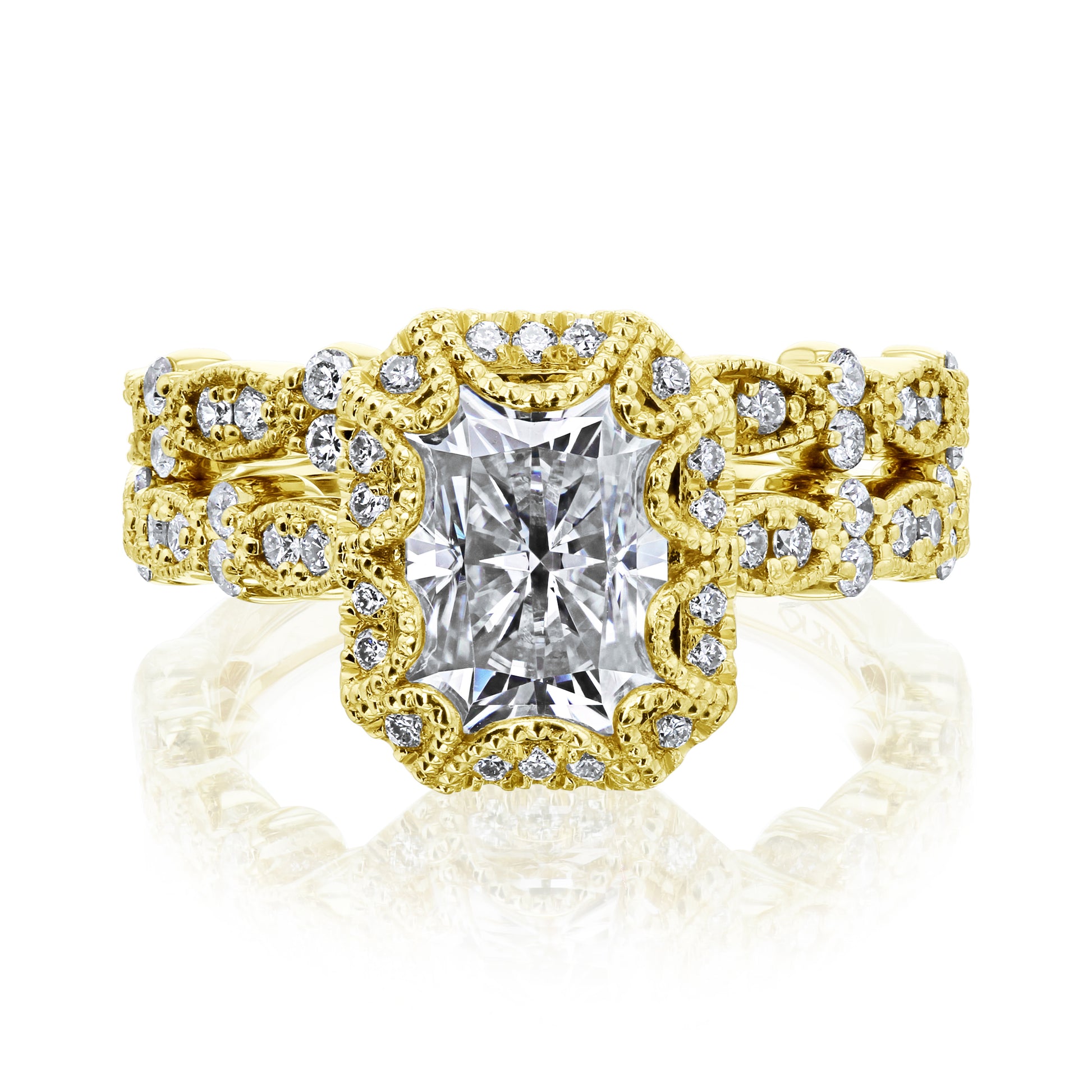 Kobelli Racquel 1.80-Carat Radiant Halo Scallop Vintage Gold Bridal Rings Set