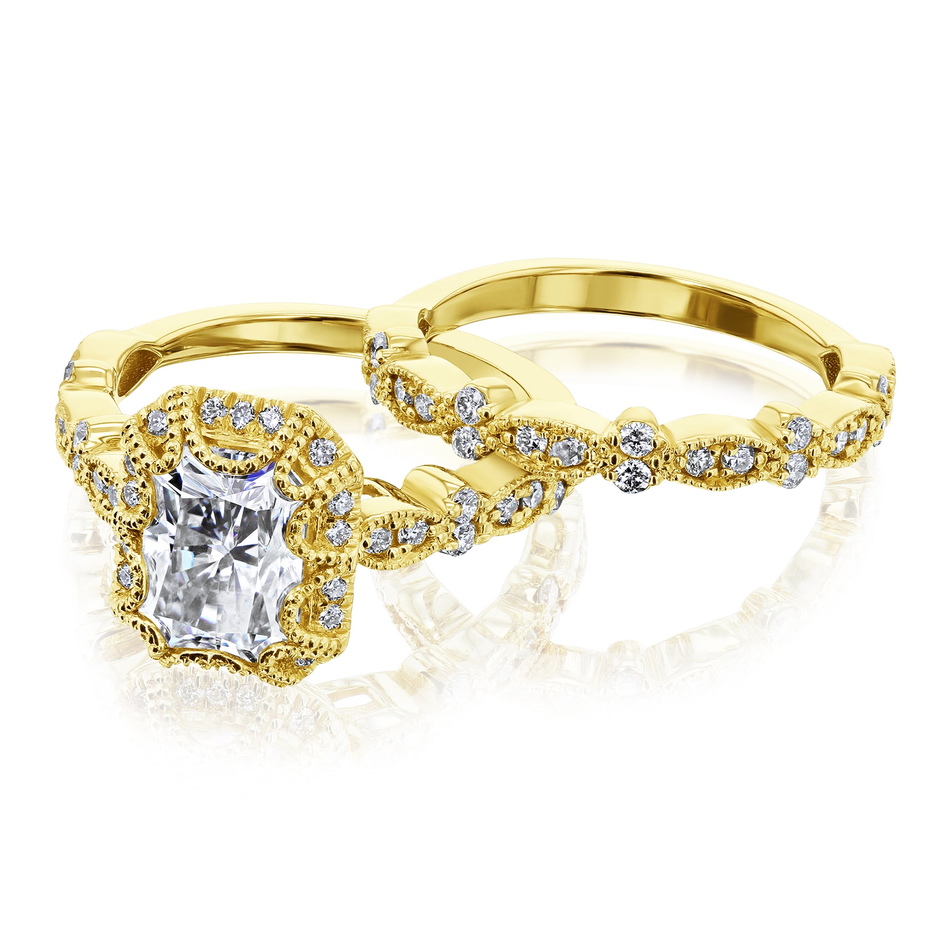 Kobelli Racquel 1.80-Carat Radiant Halo Scallop Vintage Gold Bridal Rings Set