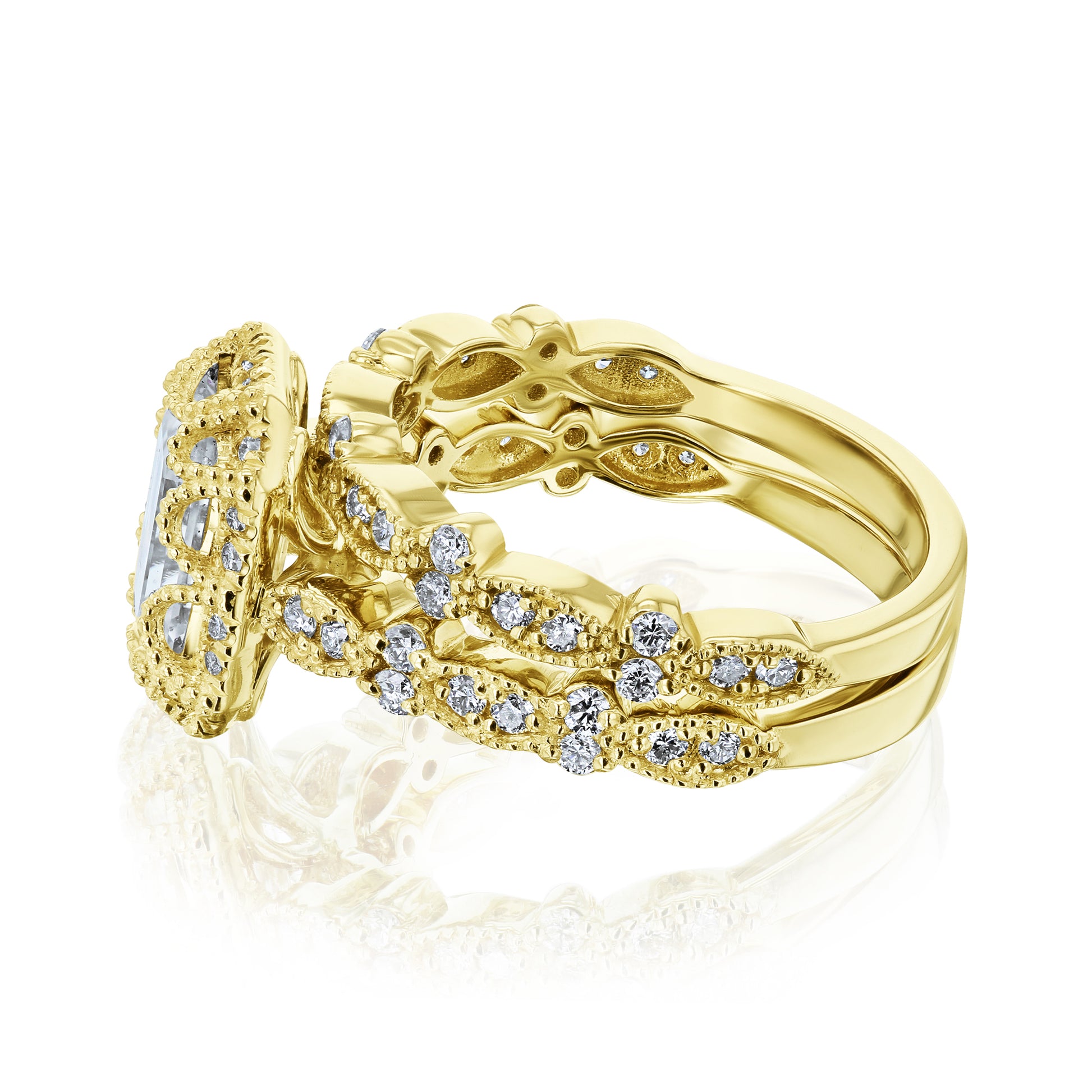 Kobelli Racquel 1.80-Carat Radiant Halo Scallop Vintage Gold Bridal Rings Set