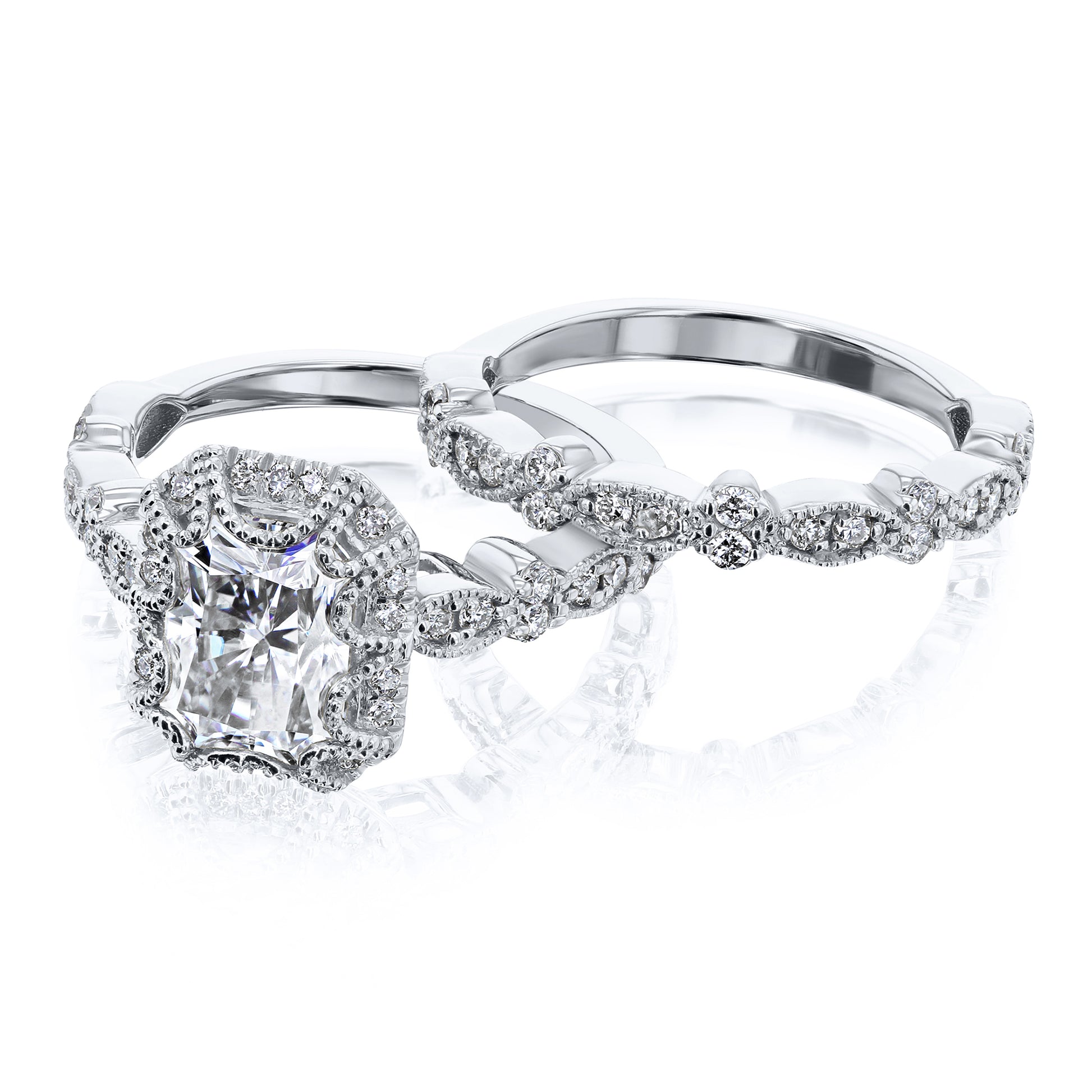 Kobelli Racquel 1.80-Carat Radiant Halo Scallop Vintage Gold Bridal Rings Set