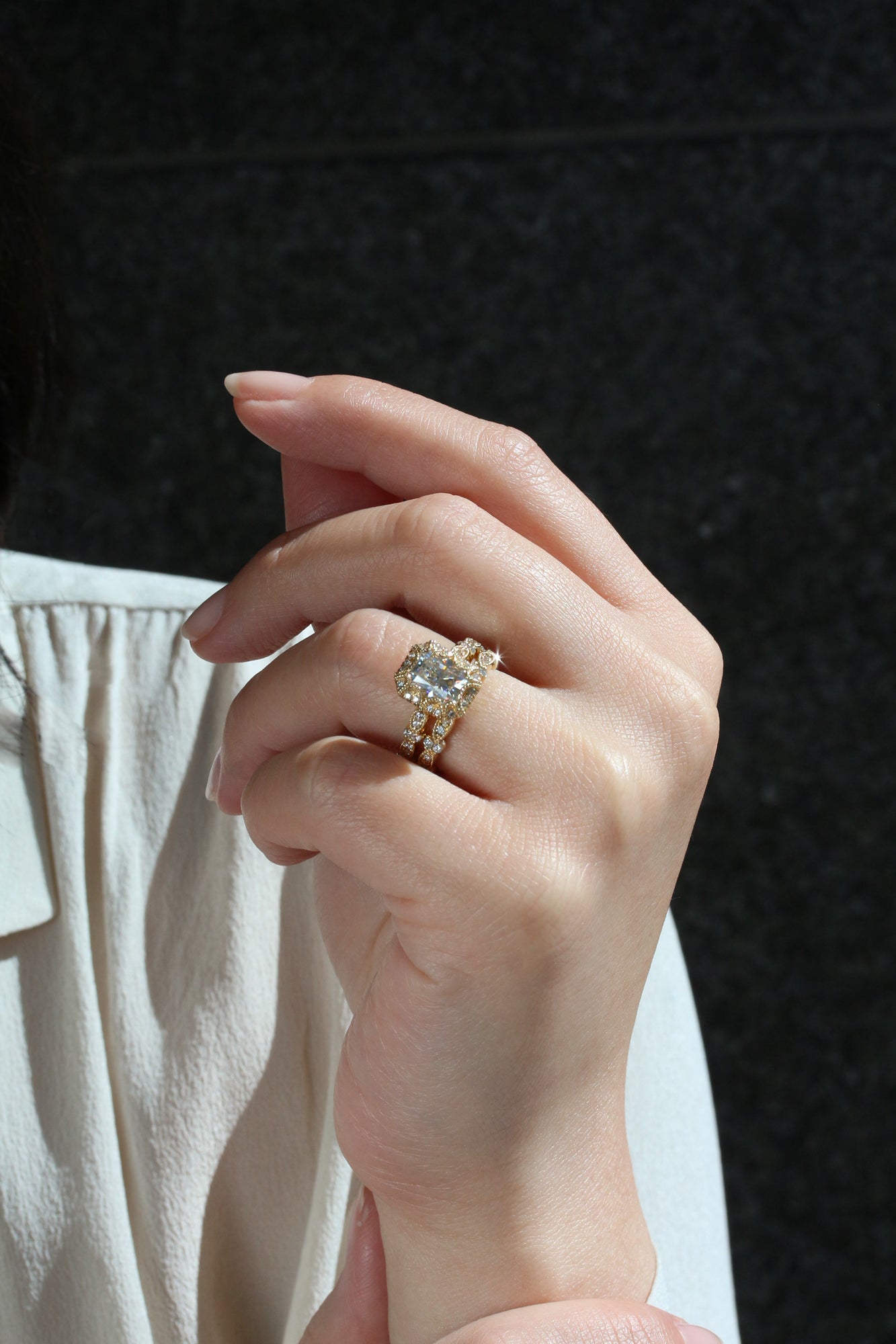 Kobelli Racquel 1.80-Carat Radiant Halo Scallop Vintage Gold Bridal Rings Set