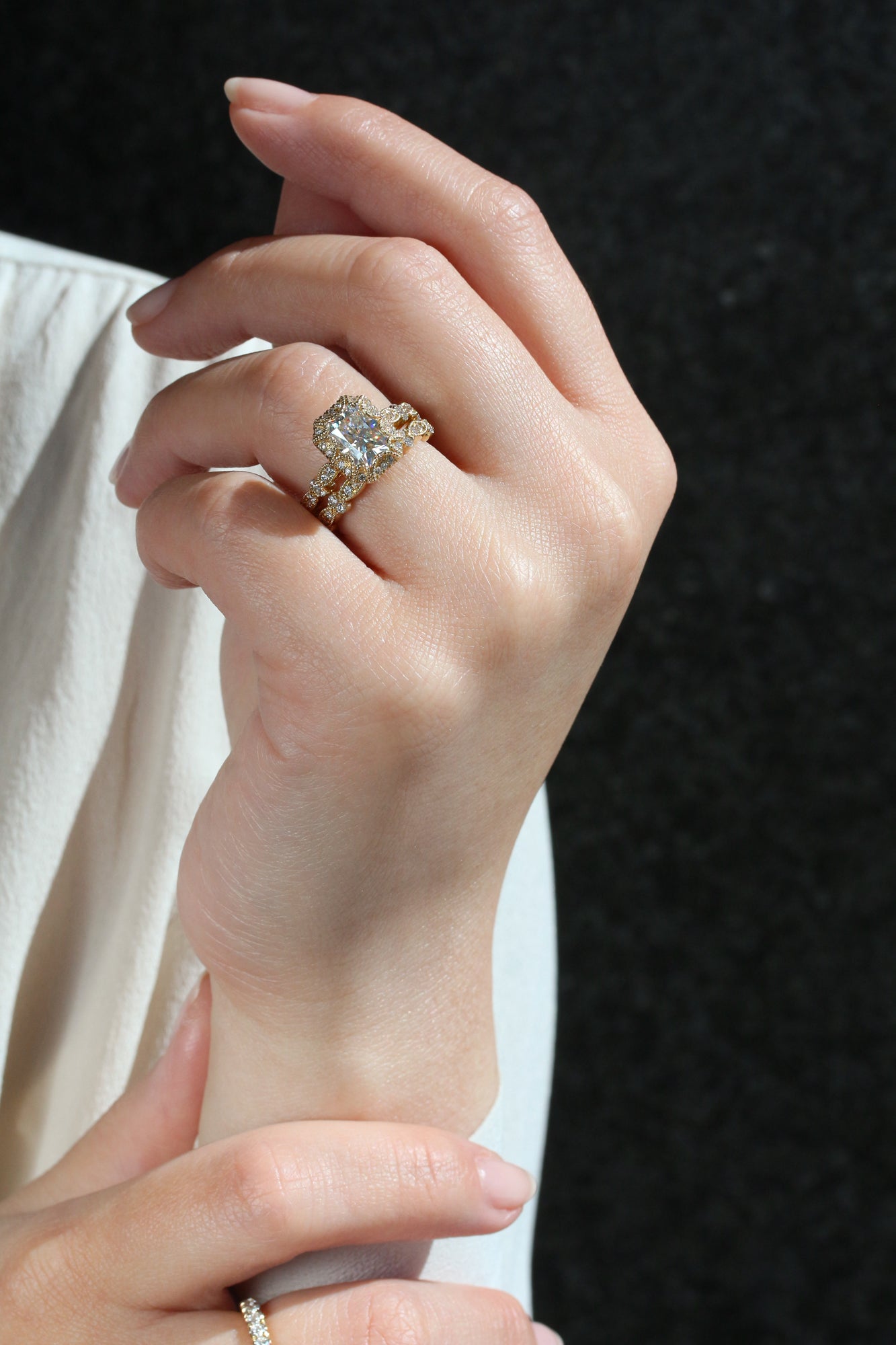 Kobelli Racquel 1.80-Carat Radiant Halo Scallop Vintage Gold Bridal Rings Set