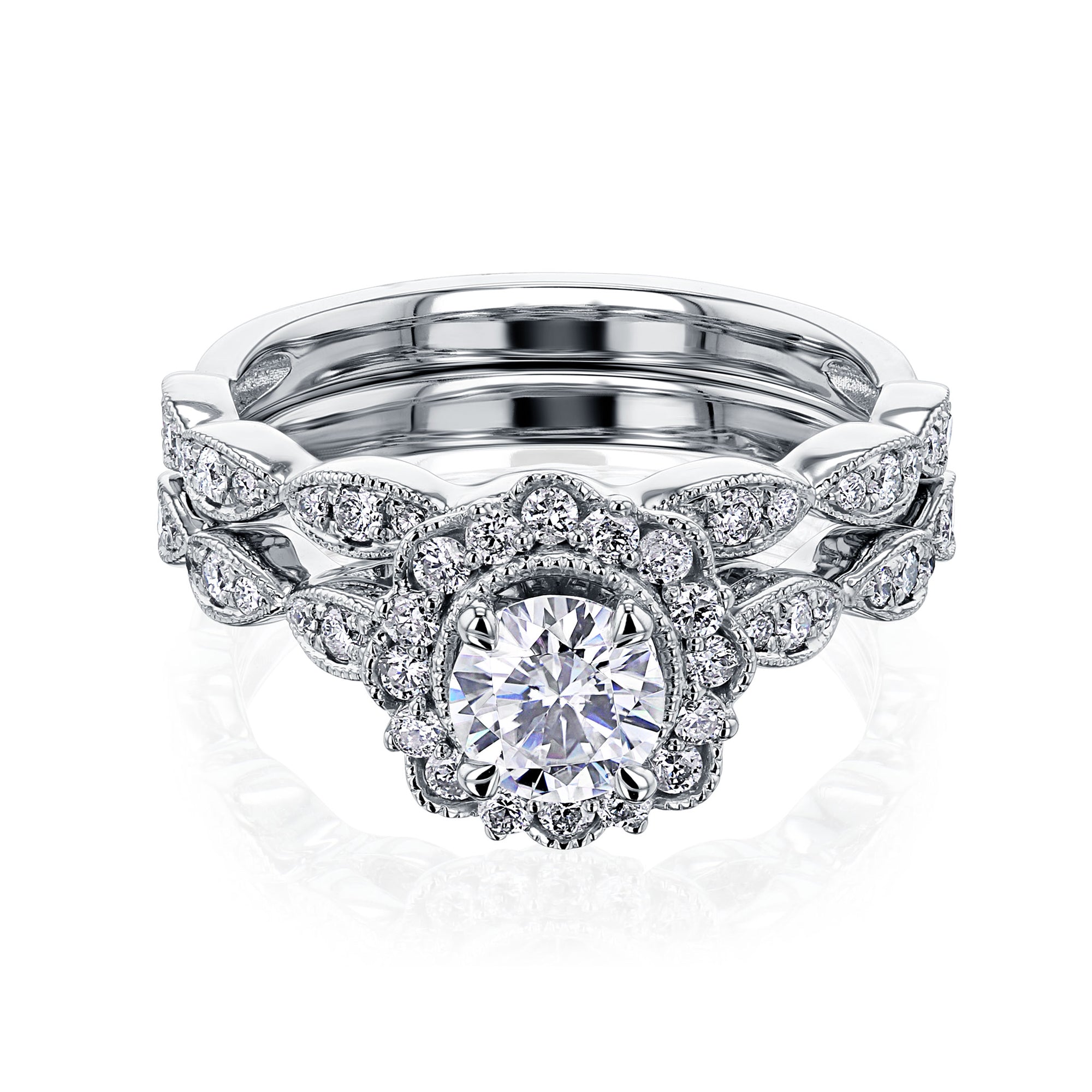 Spring Diamond Ring Kobelli Round Diamond Floral Vintage-Style Spring Wedding Ring Set