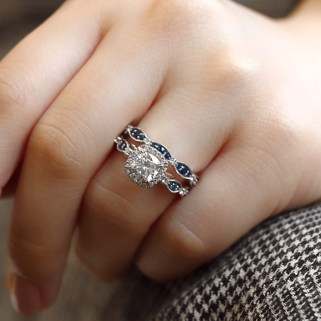 Cushion Halo Sapphire Eyelet Bridal Set