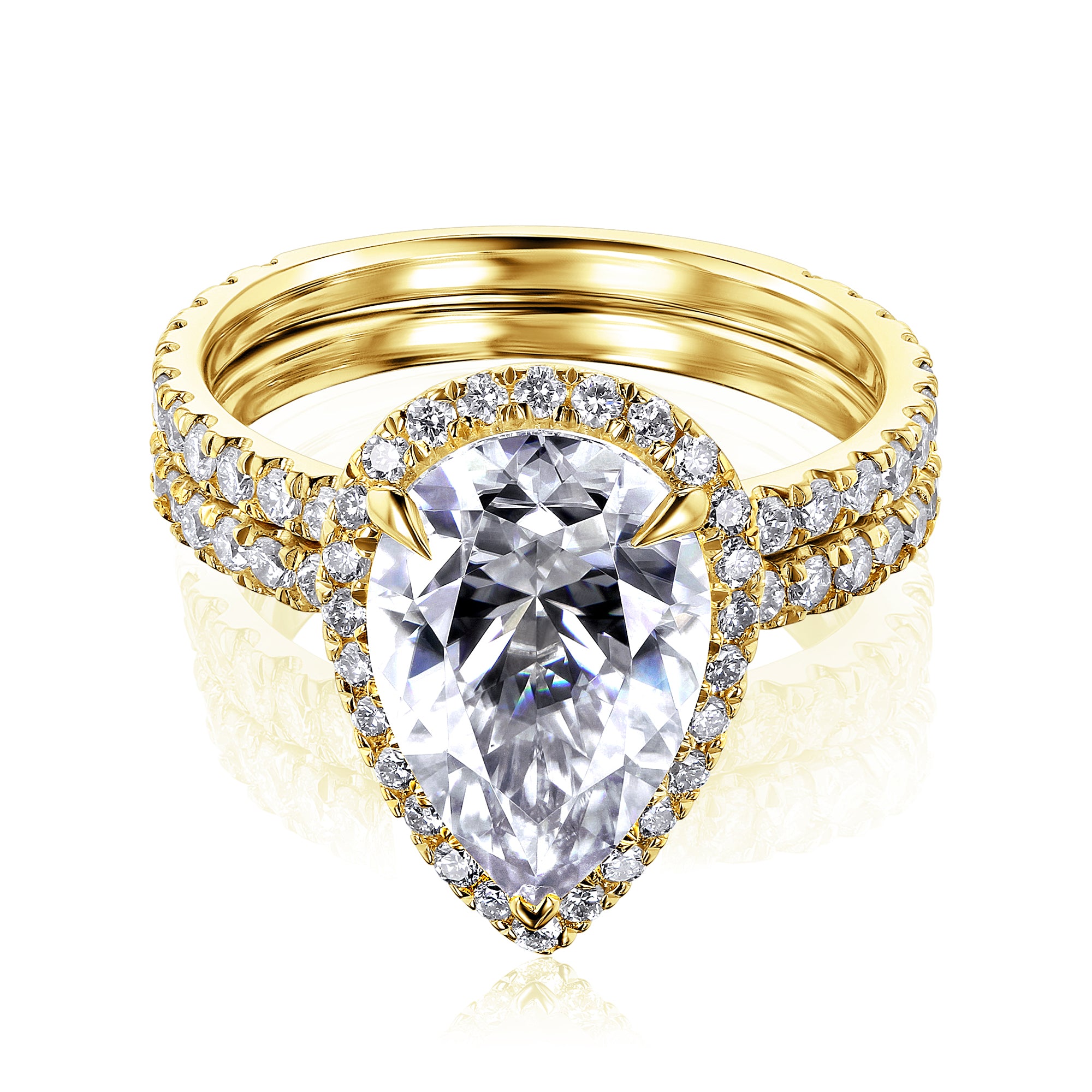 Kobelli Pear Halo Wedding Rings - Yellow Gold - Pave Shank