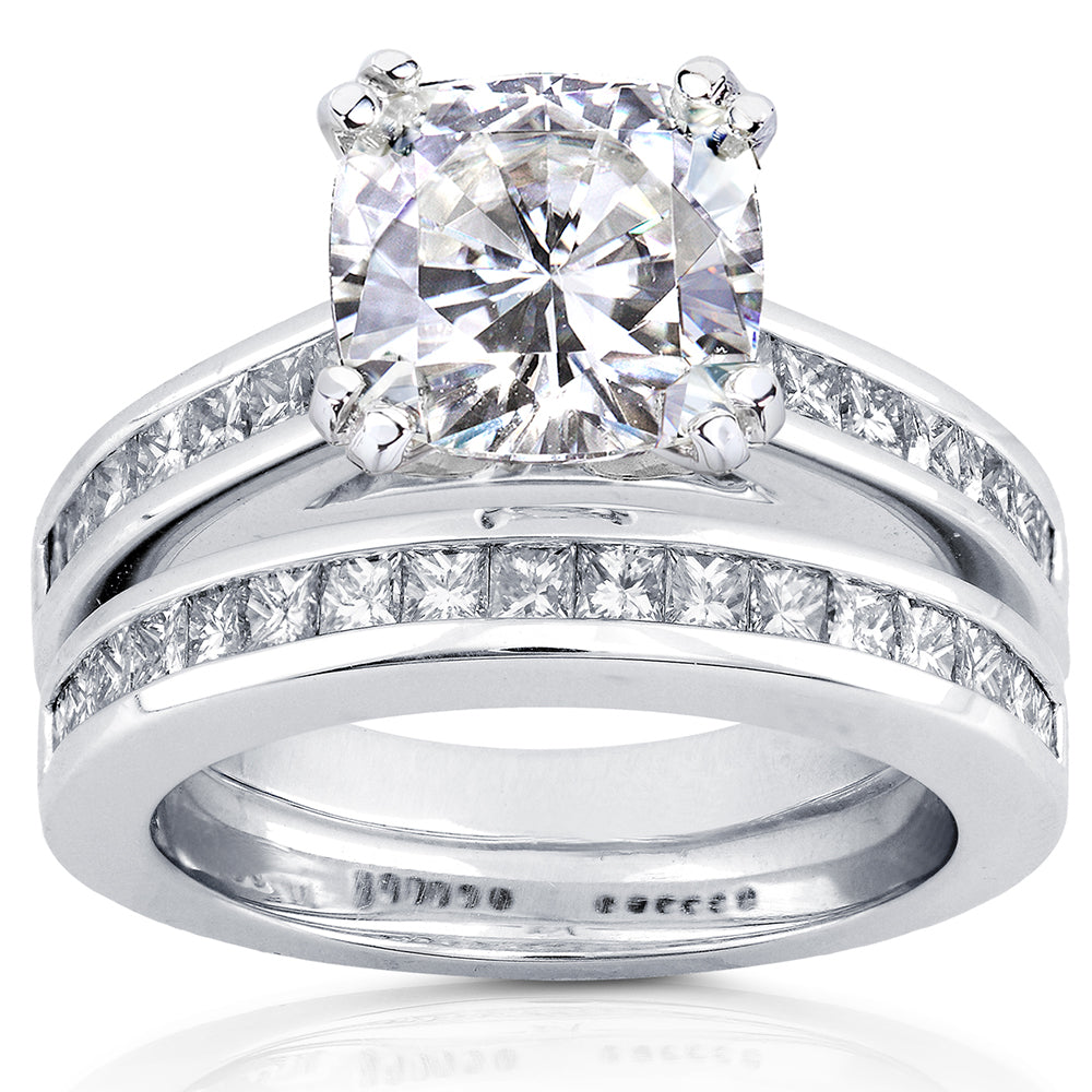 Cushion-cut Moissanite Bridal Set with Diamond Ring 3 CTW 14k White Go ...