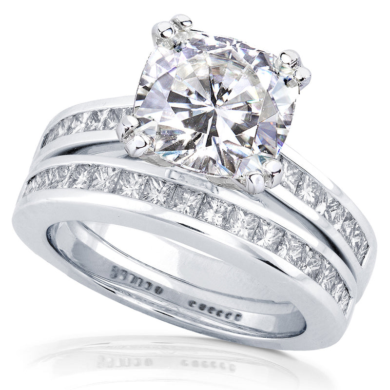 Cushion-cut Moissanite Bridal Set with Diamond Ring 3 CTW 14k White Go ...