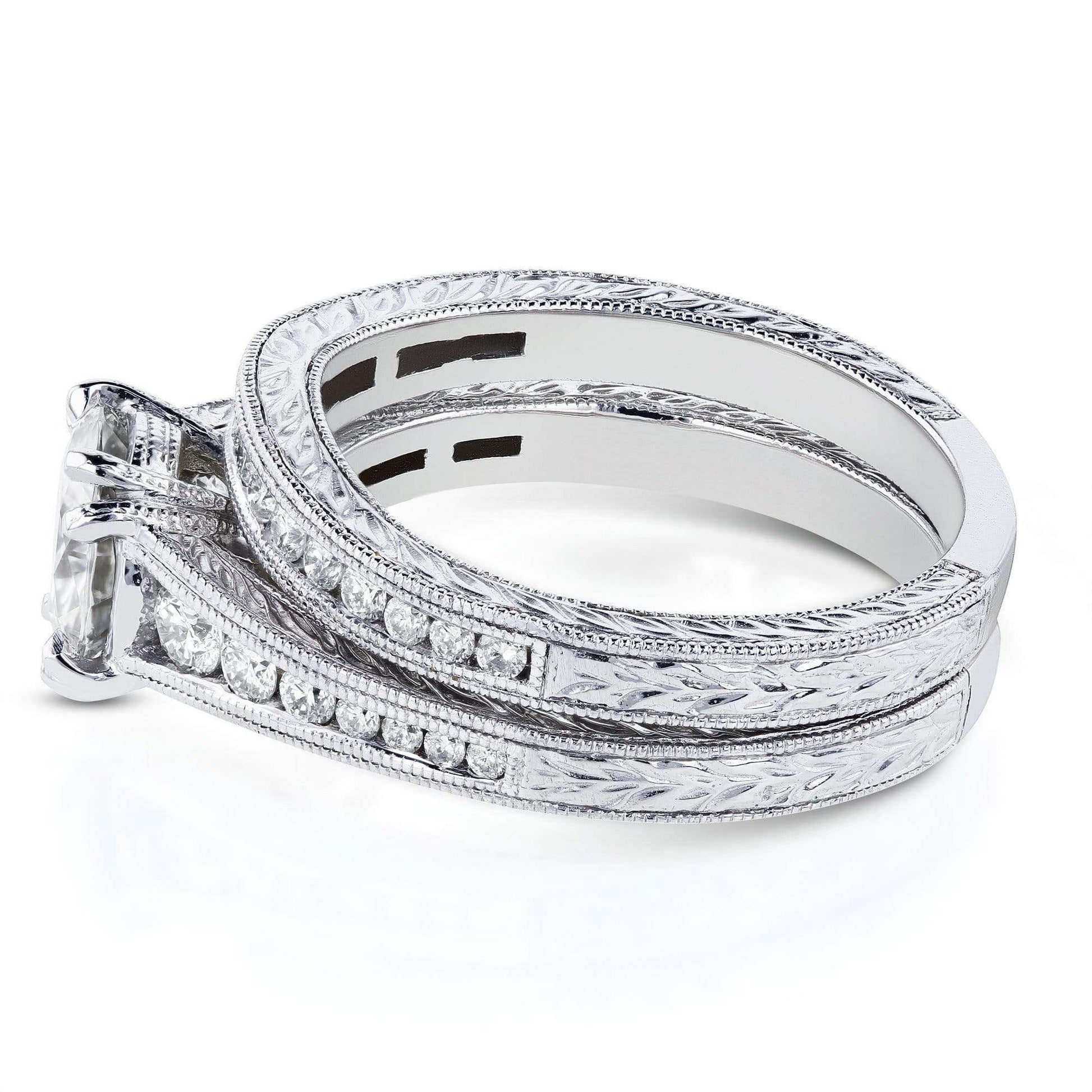 Kobelli Forever One (D-E-F) Colorless Moissanite and Diamond Channel Milgrain Bands Bridal Set 1-1/2 CTW in 14K White Gold