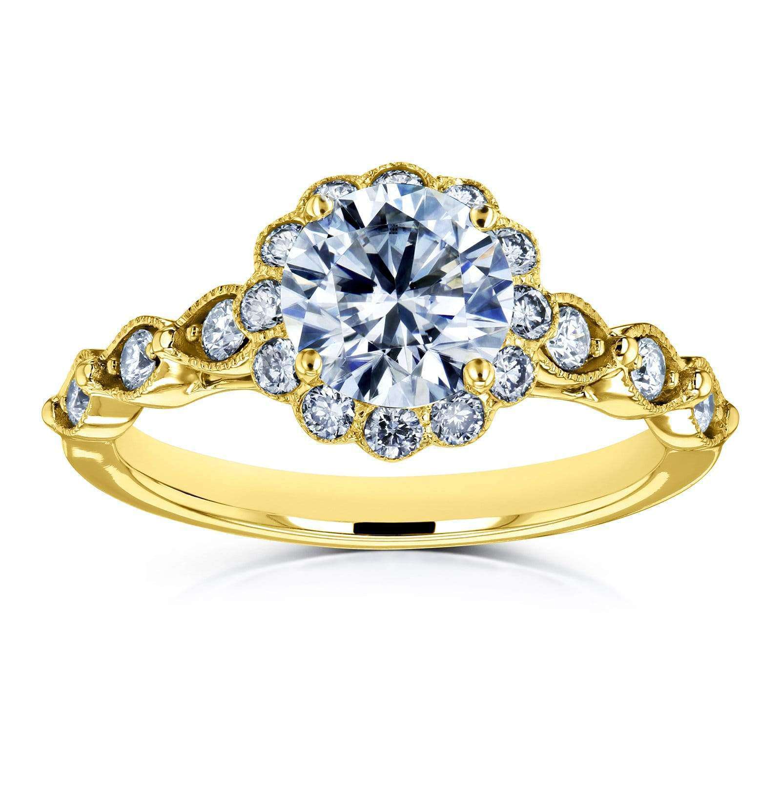 Kobelli Round Moissanite and Diamond Floral Engagement Ring 1 1/3 CTW 14k Yellow Gold (HI/VS, GH/I)