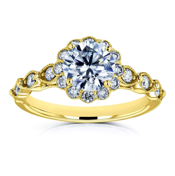 Kobelli Round Forever One Moissanite and Diamond Floral Engagement Ring 1 1/3 CTW 14k Yellow Gold (DEF/VS, GH/I)