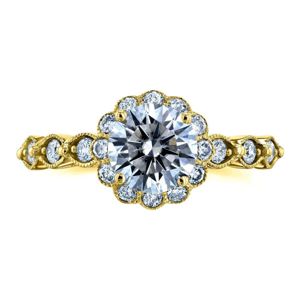 Kobelli Round Forever One Moissanite and Diamond Floral Engagement Ring 1 1/3 CTW 14k Yellow Gold (DEF/VS, GH/I)