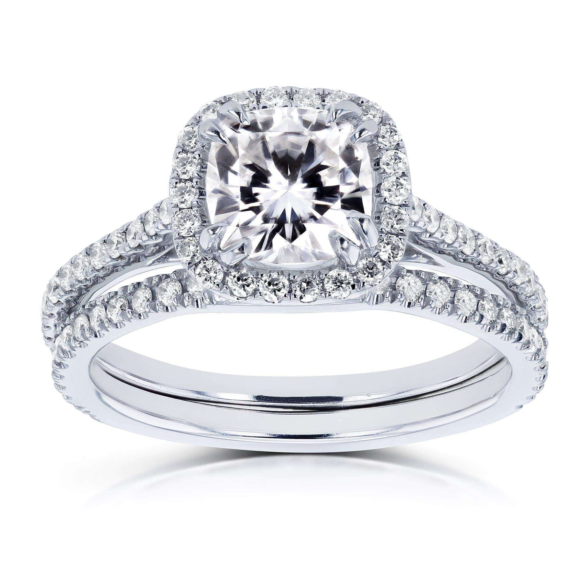 Kobelli Cushion Forever One (D-E-F) Moissanite and Diamond 1-1/2ct TGW Halo Bridal Set in 14k White Gold