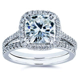Kobelli Cushion Moissanite and Diamond Halo Bridal Rings Set 2 2/5 CTW 14k White Gold (DEF/VS, GH/I)
