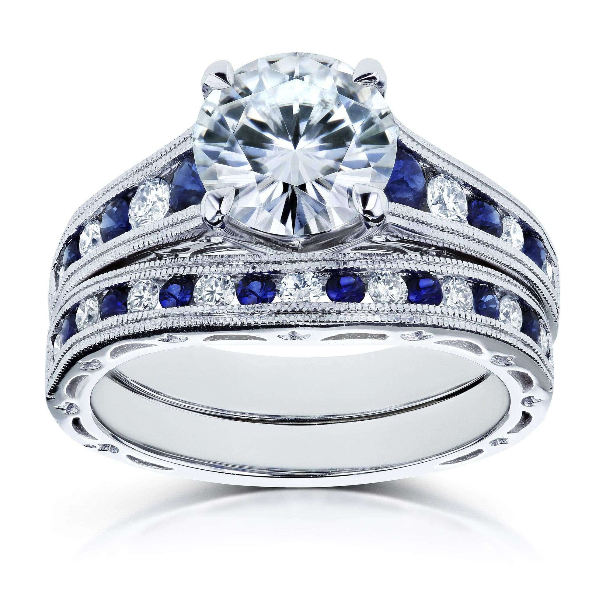 Kobelli Forever One (D-F) Moissanite Bridal Set with Diamond and Sapphire 2 7/8 Carat in 14k White Gold