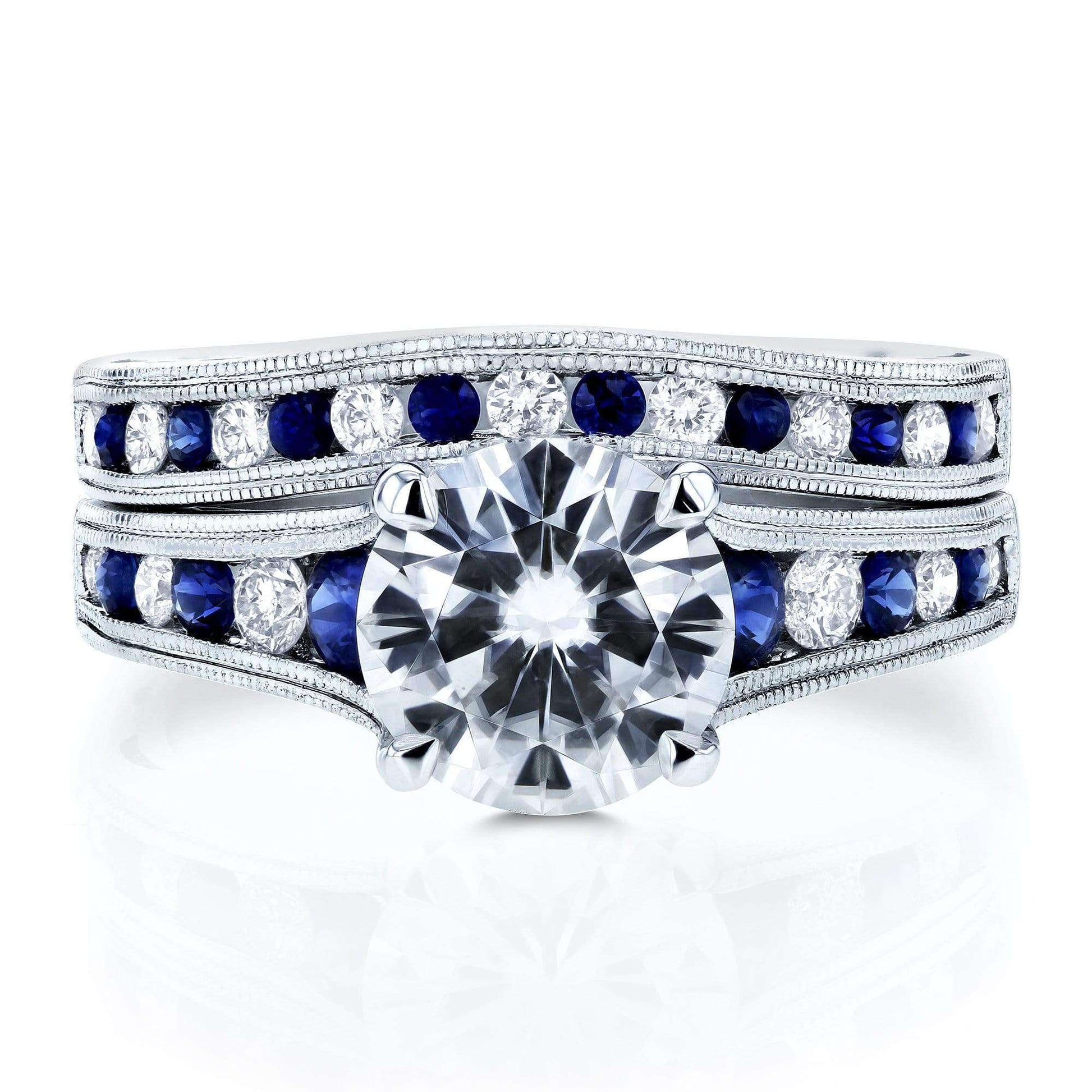 Kobelli Forever One (D-F) Moissanite Bridal Set with Diamond and Sapphire 2 7/8 Carat in 14k White Gold