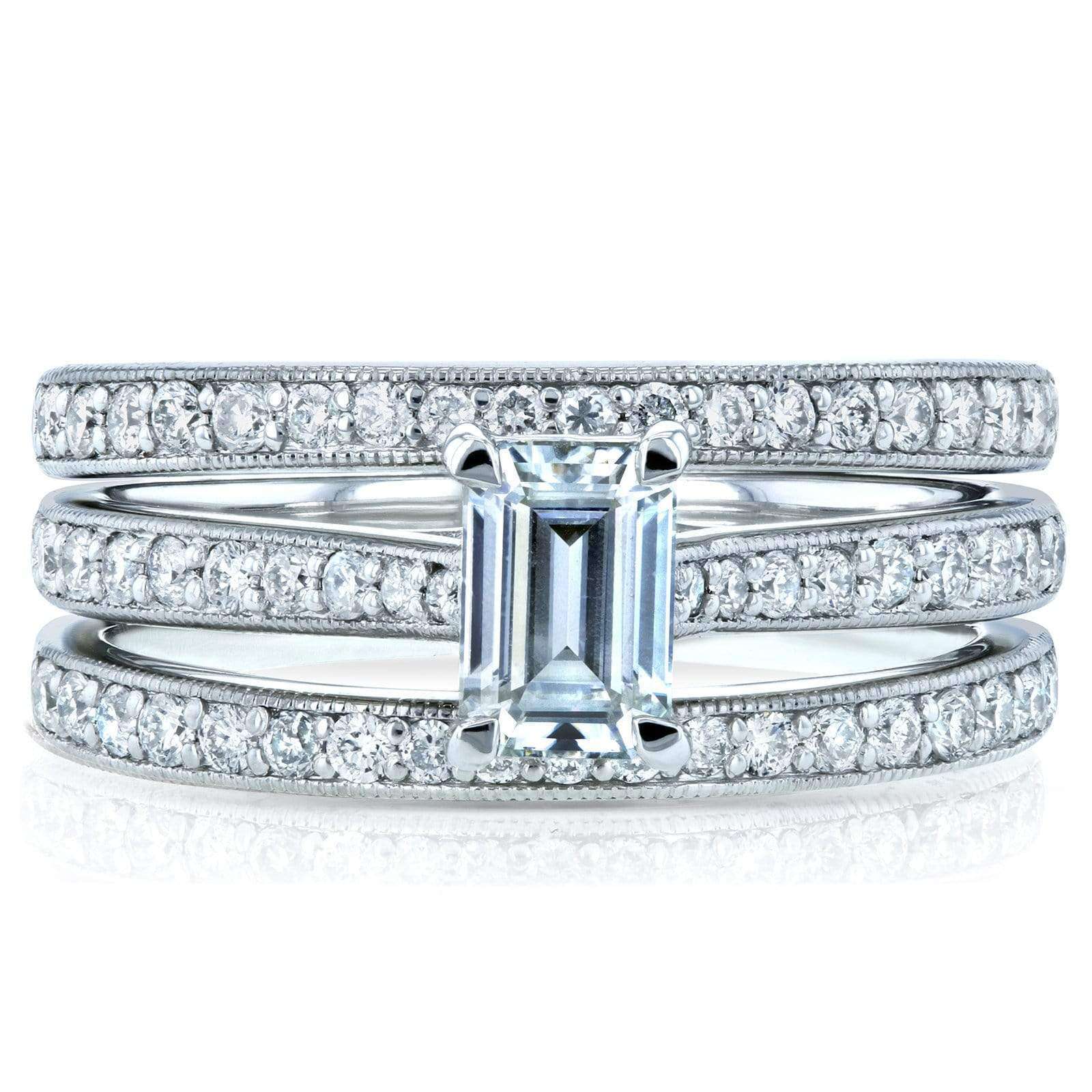 Kobelli Emerald Moissanite and Diamond European Shank Trellis Bridal Set 1 1/6 CTW 14k White Gold, 3 Piece