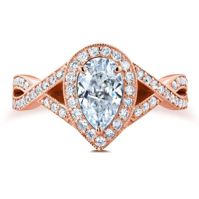 Kobelli Pear Moissanite and Diamond Halo Crossover Engagement Ring  1 1/3 CTW 14k Rose Gold (DEF/VS, GH/I)