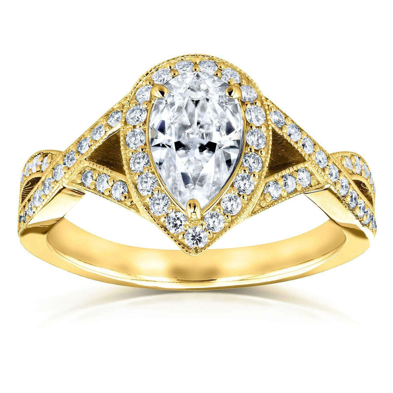 Kobelli Pear Moissanite och Diamond Halo Crossover Förlovningsring 1 1/3 CTW 14k gult guld (DEF/VS, GH/I)