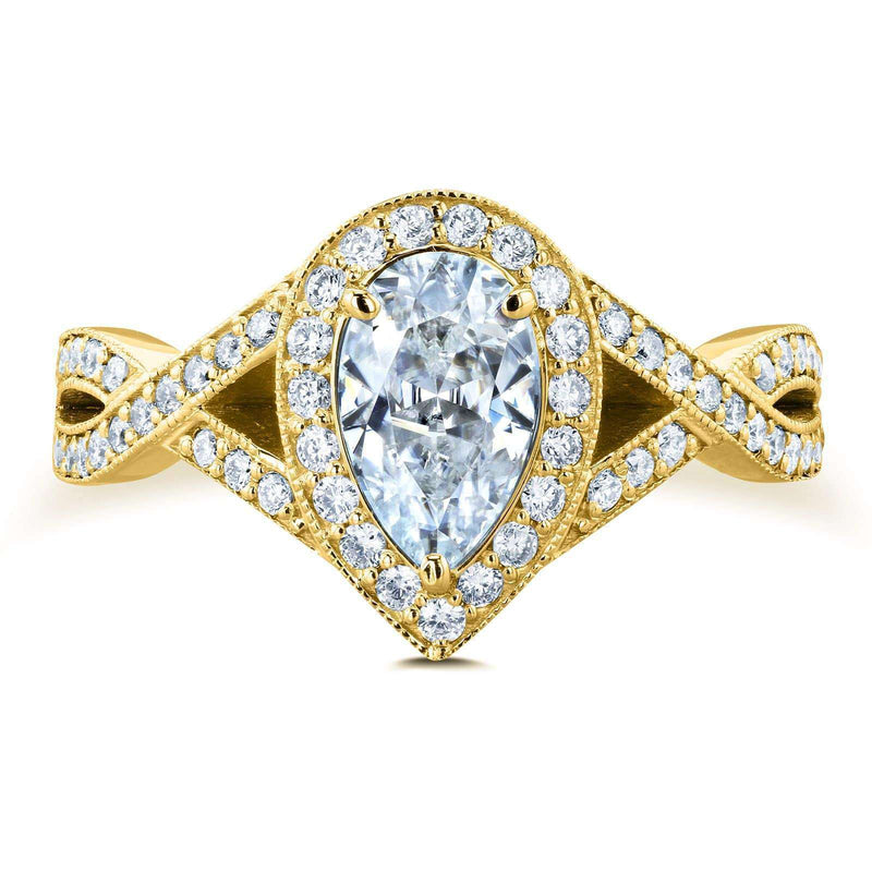 Kobelli Pear Moissanite and Diamond Halo Crossover Engagement Ring  1 1/3 CTW 14k Yellow Gold (DEF/VS, GH/I)