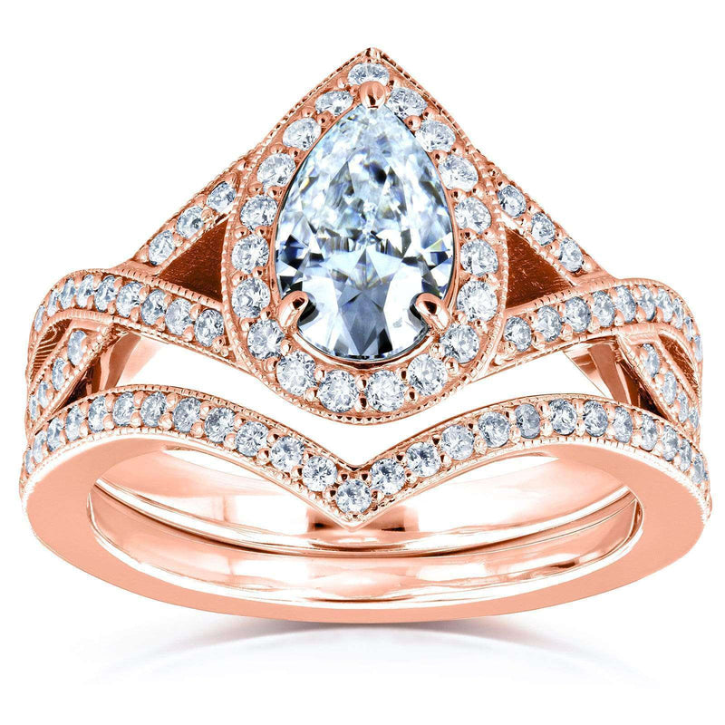 Kobelli Forever One Moissanite and Diamond Pear Halo Bridal Set 1 1/2 CTW 14k Rose Gold