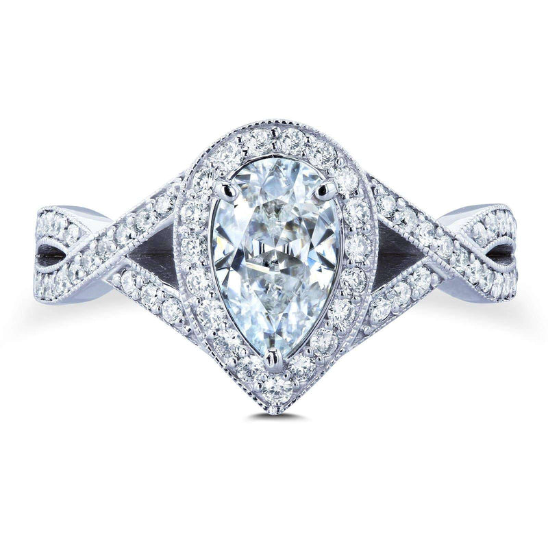 Kobelli Pear Moissanite and Diamond Halo Crossover Engagement Ring  1 1/3 CTW 14k White Gold (DEF/VS, GH/I)