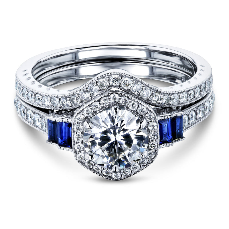 Hexagon Halo Blue and White Bridal Set in Platinum