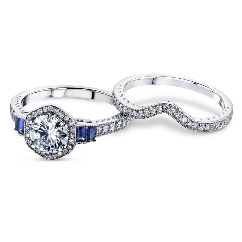 Hexagon Halo Blue and White Bridal Set in Platinum