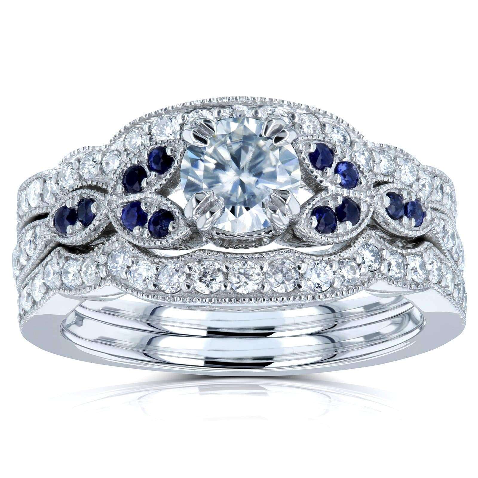 Floral Round Moissanite Bridal Set with Diamond and Sapphire 1 CTW 14k ...