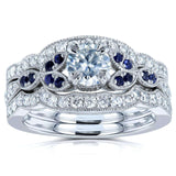 Kobelli Floral Round Moissanite Double Band Bridal Set with Diamond and Sapphire 1 CTW 14k White (DEF/VS, GH/I, Blue)