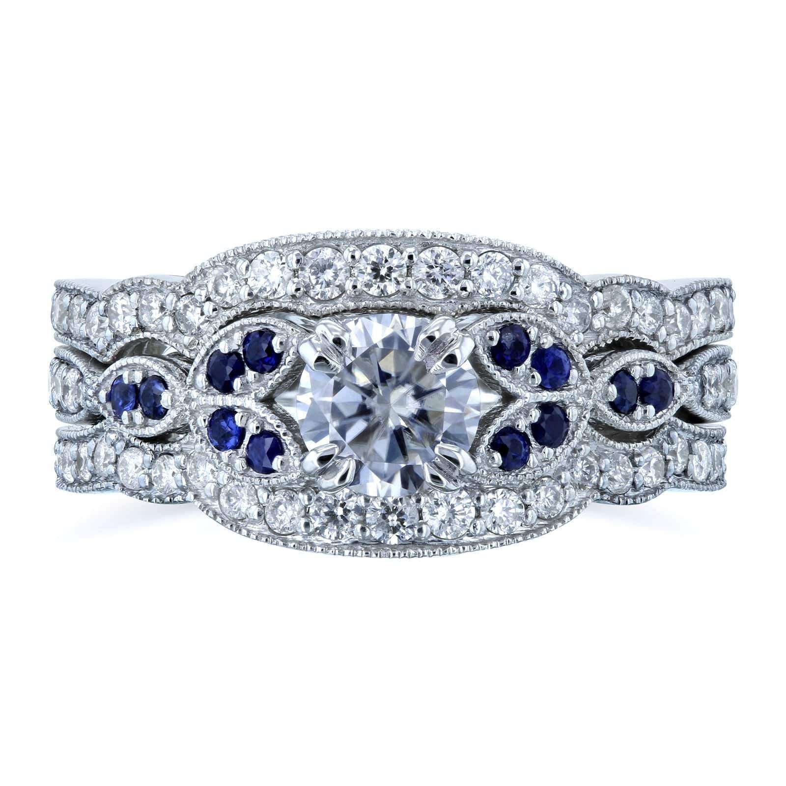 Kobelli Floral Round Moissanite Double Band Bridal Set with Diamond and Sapphire 1 CTW 14k White (DEF/VS, GH/I, Blue)