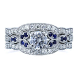 Kobelli Florales, rundes Moissanit-Doppelband-Brautset mit Diamant und Saphir, 1 CTW, 14 Karat Weiß (DEF/VS, GH/I, Blau)
