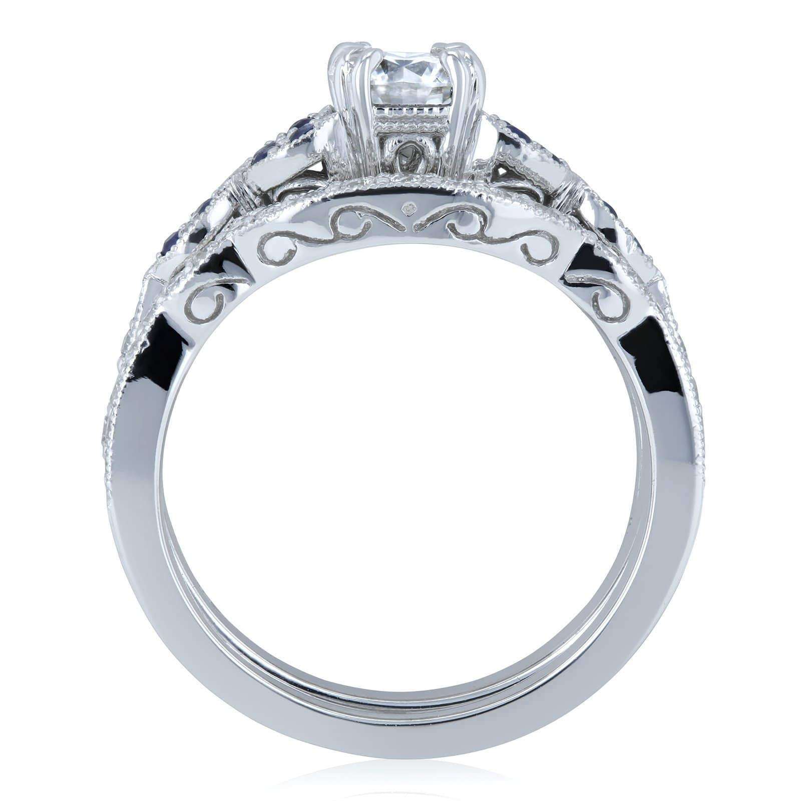 Kobelli Floral Round Moissanite Double Band Bridal Set with Diamond and Sapphire 1 CTW 14k White (DEF/VS, GH/I, Blue)