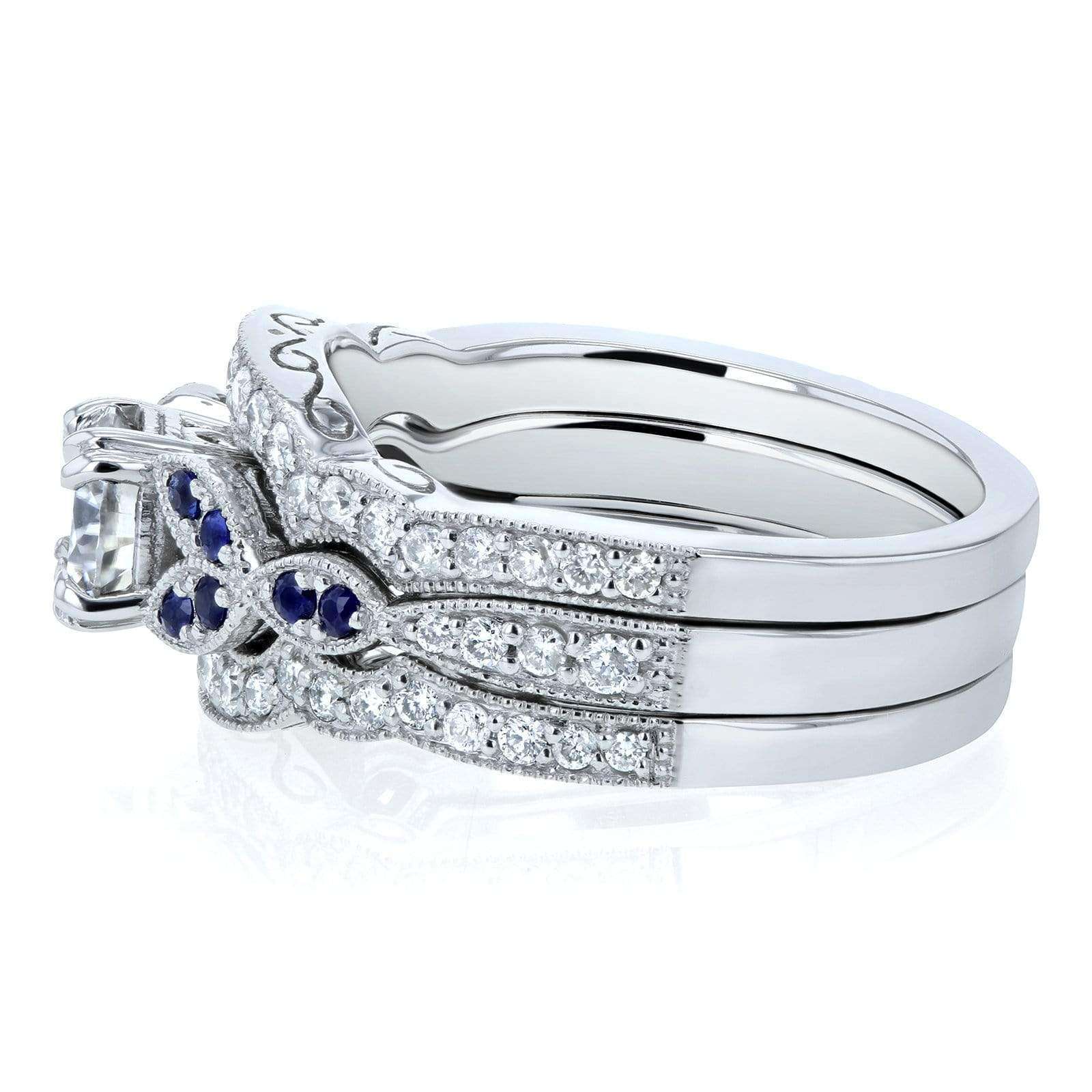 Kobelli Floral Round Moissanite Double Band Bridal Set with Diamond and Sapphire 1 CTW 14k White (DEF/VS, GH/I, Blue)