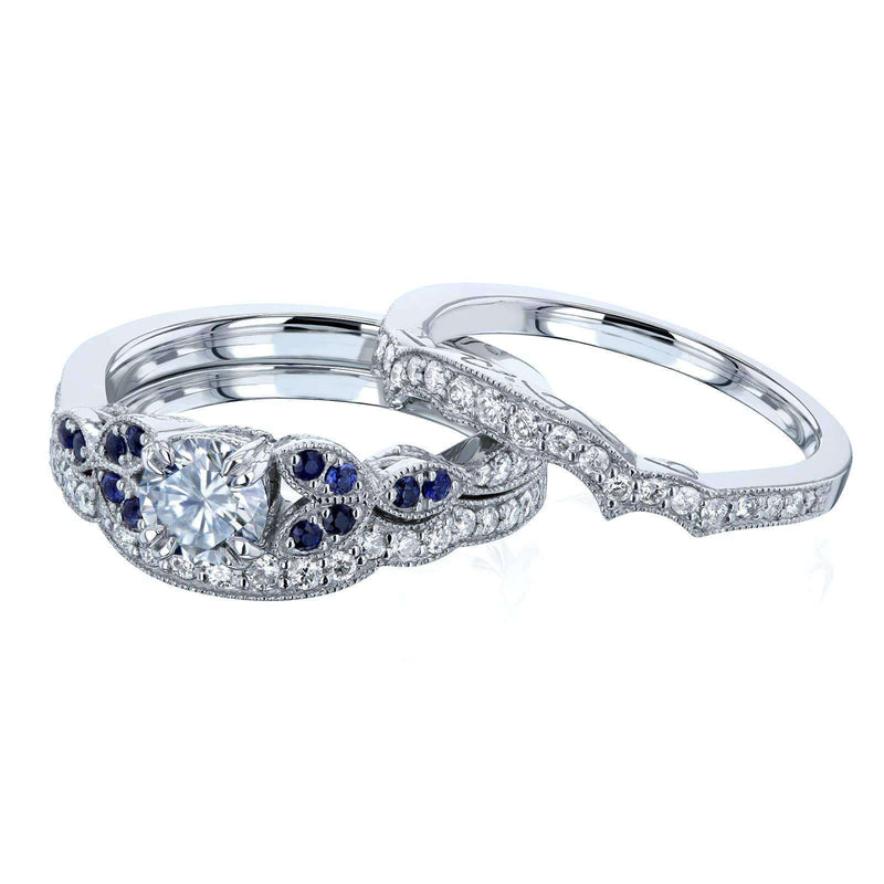 Kobelli Floral Round Moissanite Double Band Bridal Set with Diamond and Sapphire 1 CTW 14k White (DEF/VS, GH/I, Blue)